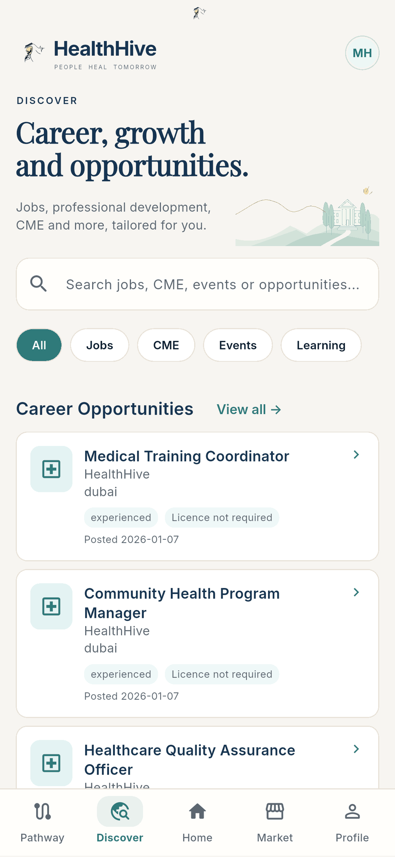HealthHive jobs screen