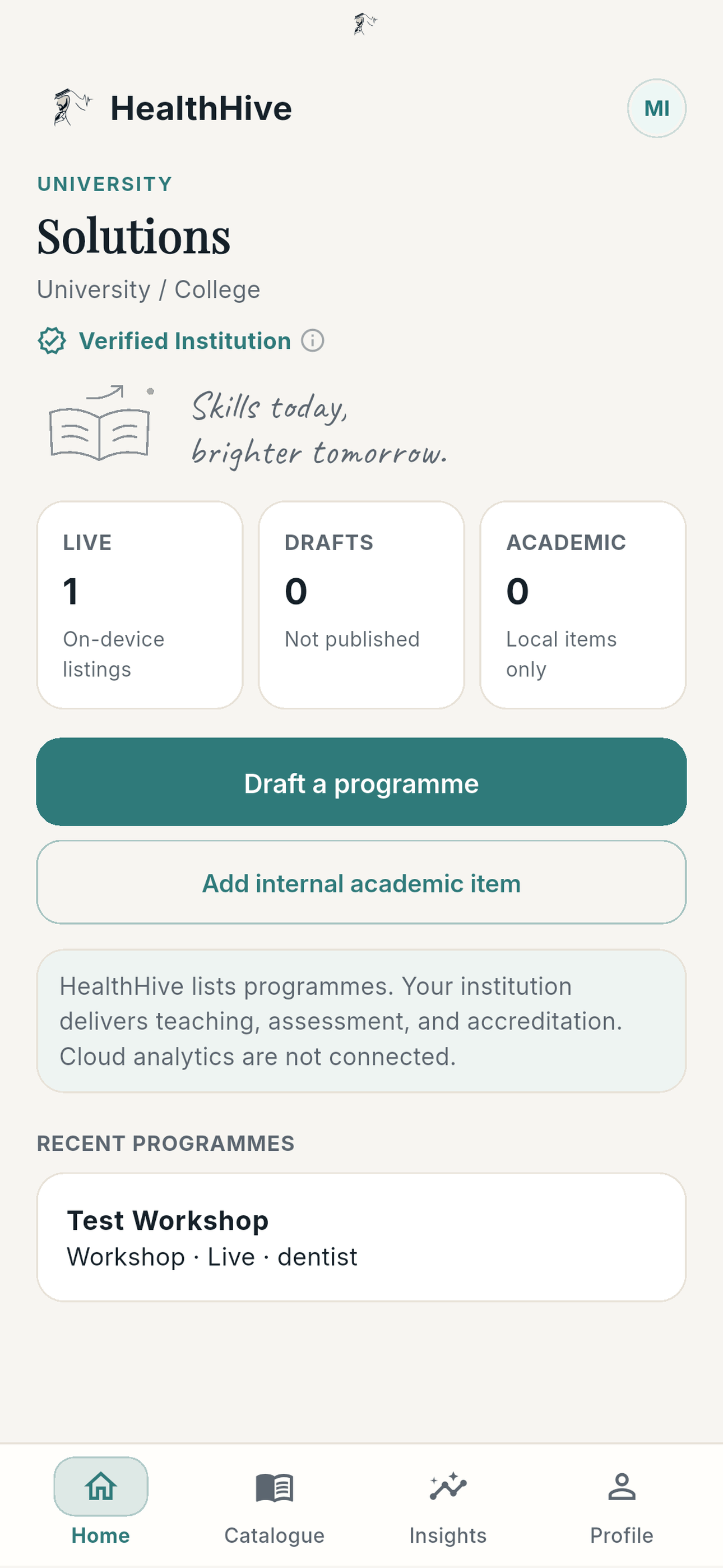 HealthHive workspace for institution users