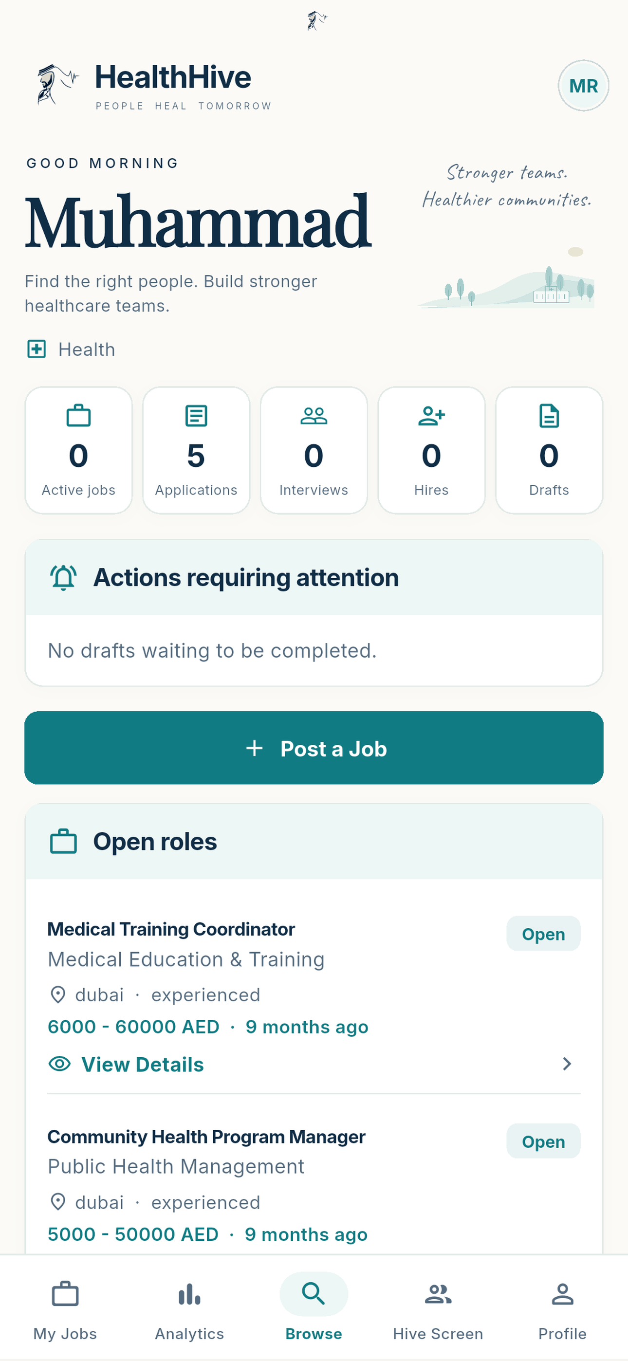 HealthHive workspace for hr recruiter / employer users