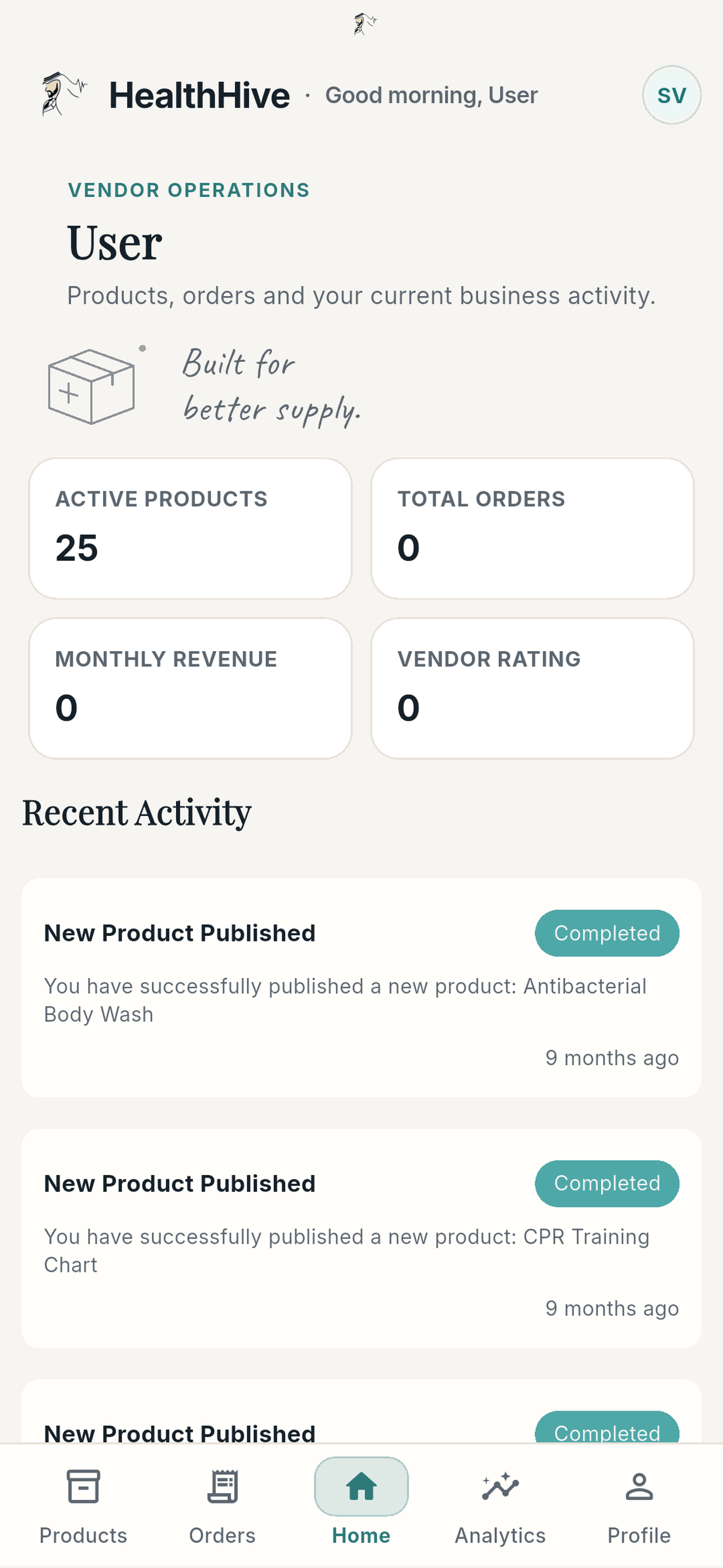 HealthHive workspace for medical vendor users