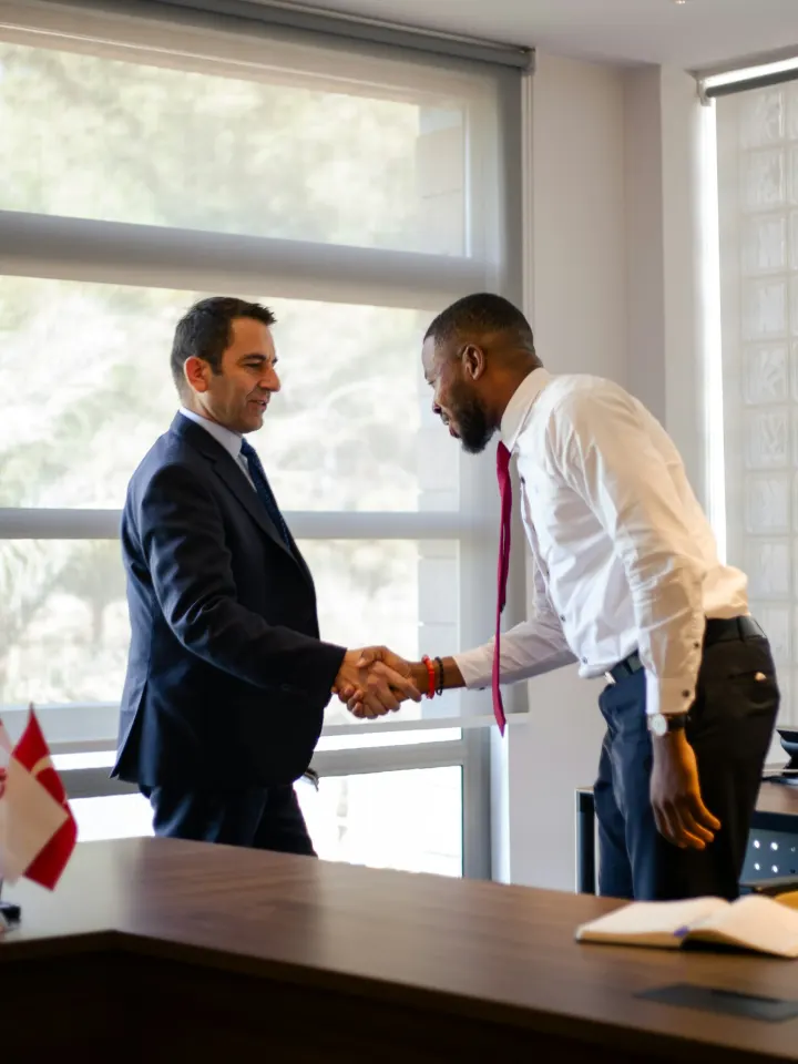 Two professionals shaking hands in an office after a hiring meeting